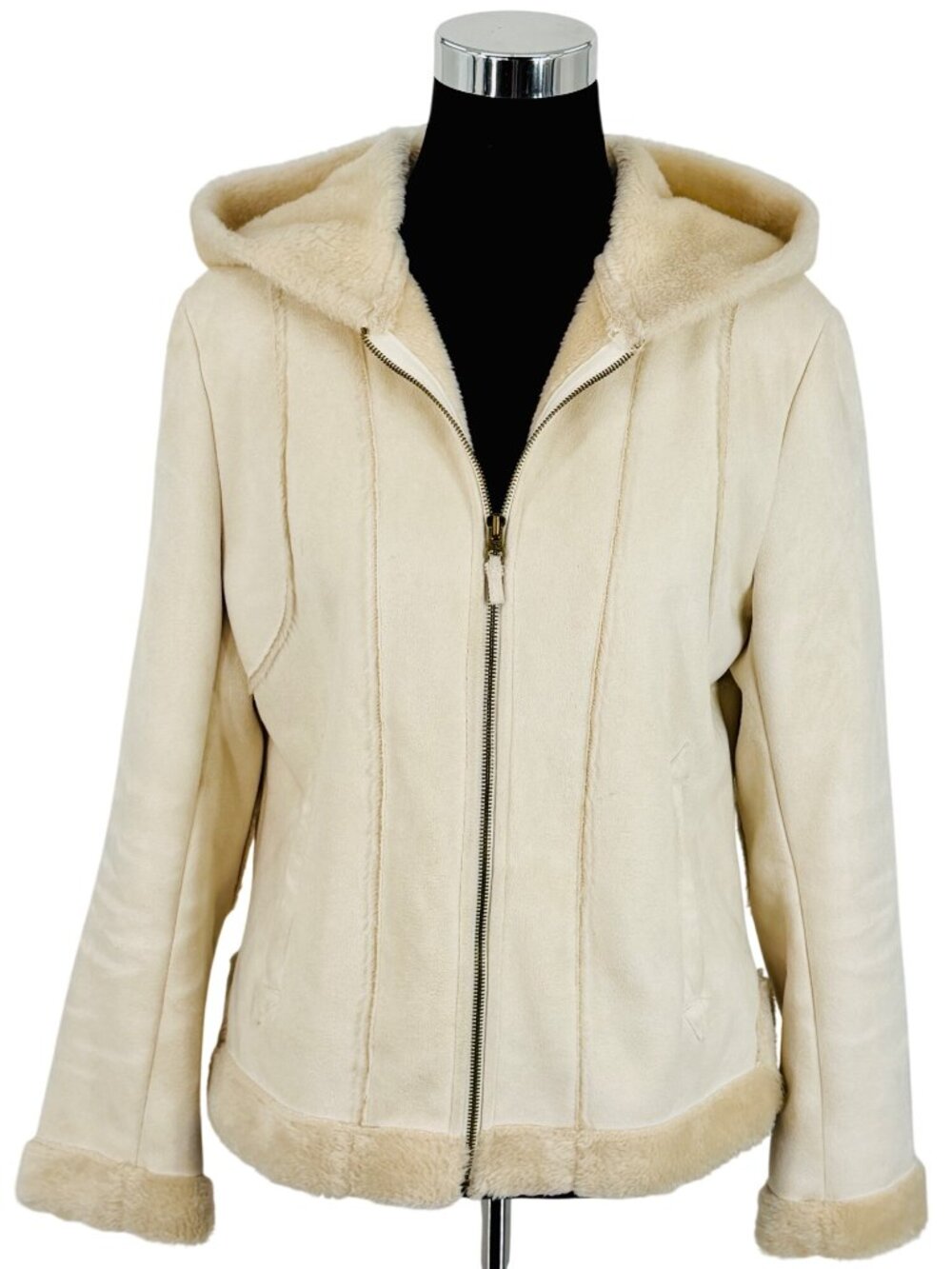 Vintage Hydraulic Hooded Cream Faux Suede & Fur Penny Lane Coat L Y2K 90s Grunge - Picture 2 of 16